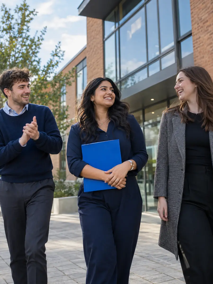 Illustrative apprentice and colleagues celebrate outside a modern training centre.