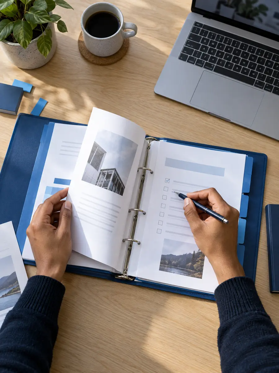 Illustrative overhead view of hands checking an organised assessment portfolio beside a laptop.