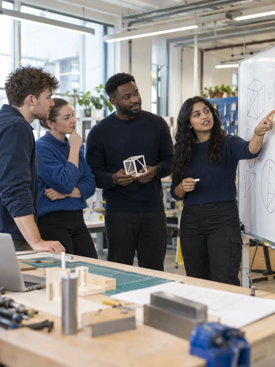Illustrative apprentices collaborate on a practical project around a workshop whiteboard.